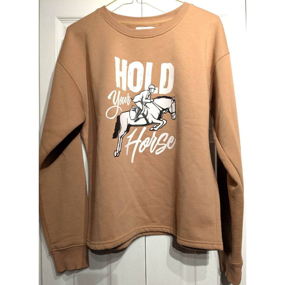 Myra Bag Sweatshirt Womens M Tan Hold Your Horse Graphic Equestrian Soft Riding